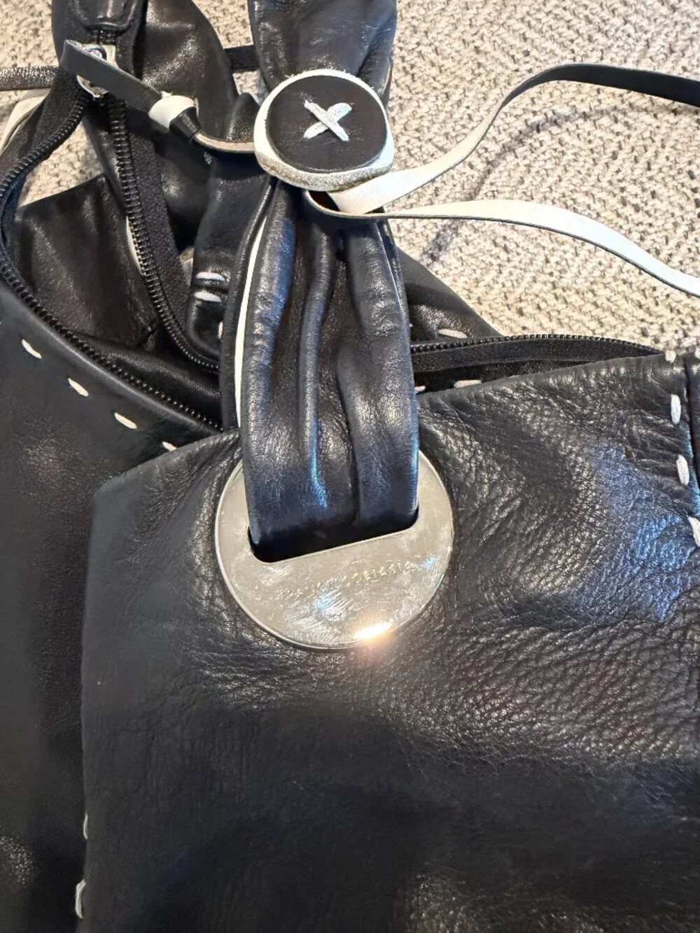 Francesco Biasia Black Leather Hobo Bag Slouchy Shoulder Bag Contrast Stitch
